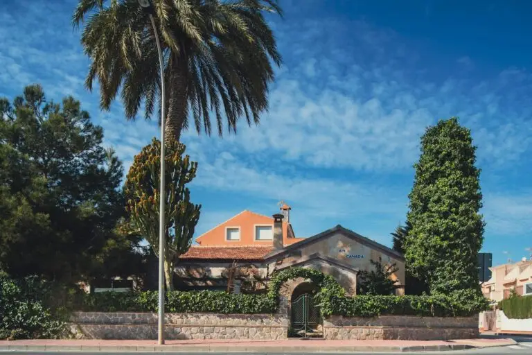 Elegant villa in San Javier, surrounded by palm trees and clear skies, capturing Spanish architectural beauty.